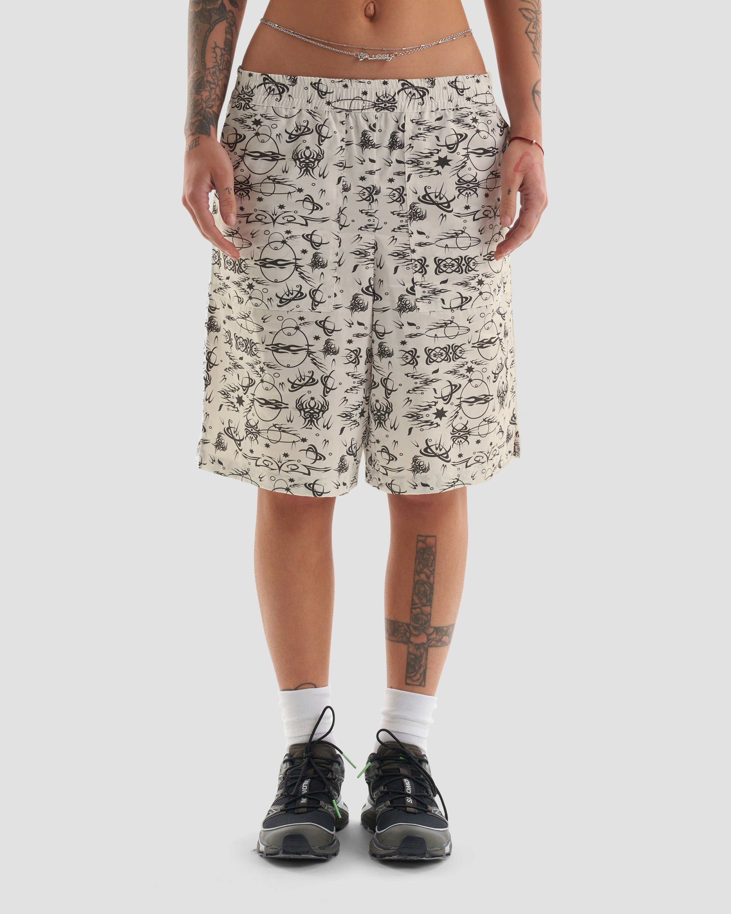 No Regrets Oversized Surfer Shorts with Tattoo Print in Ecru